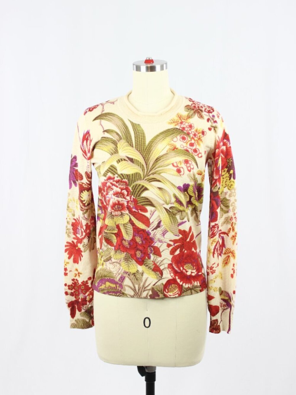 Vintage Y2K KENZO JEANS Beige Red Floral Wool Knit Crew Neck Sweater, Size L